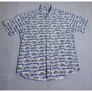 Alan Flusser Button Shirt Mens L Blue Surfer Beach Pocket Fun Cotton Dad Grandpa